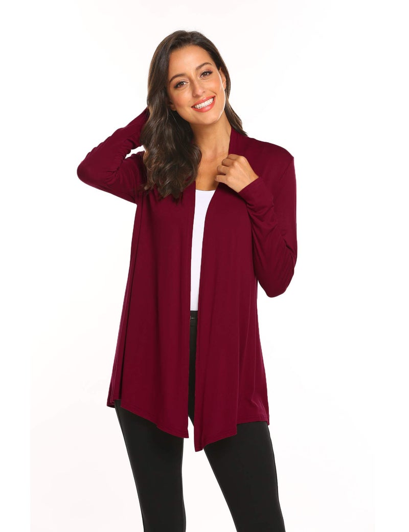 Newchoice Womens Classic Lightweight Long Sleeve Cardigans Soft Drape Open Front Cardigan Loose Kimono Coverups (Wine Red, S) - Image 2